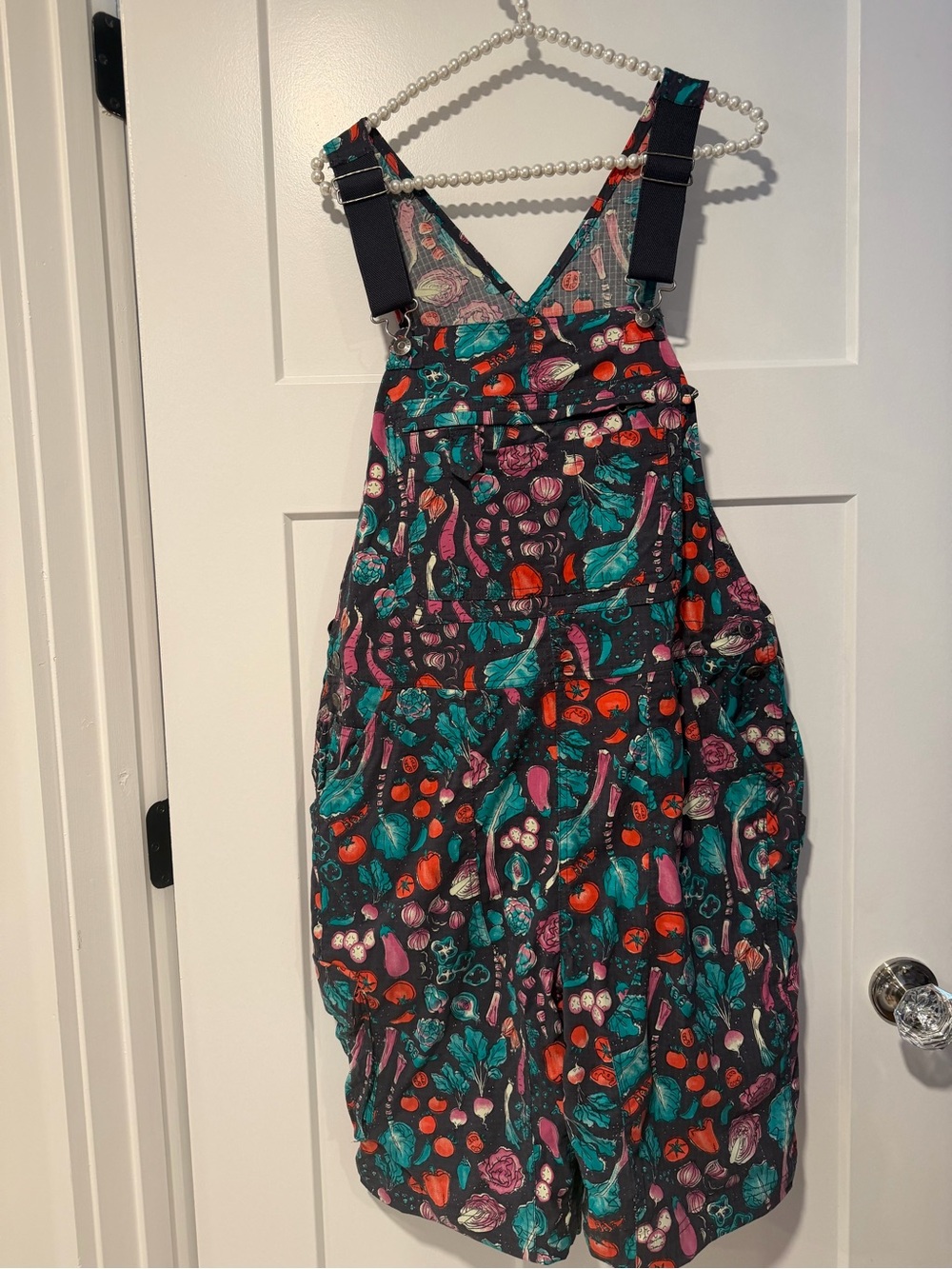 Duluth Trading Co Black Overalls with Teal Purple and Red Vegetable Print